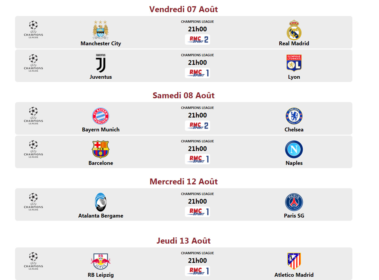 CALENDRIER CHAMPIONS LEAGUE AOUT 2020 - ABONNEMENTS IPTV